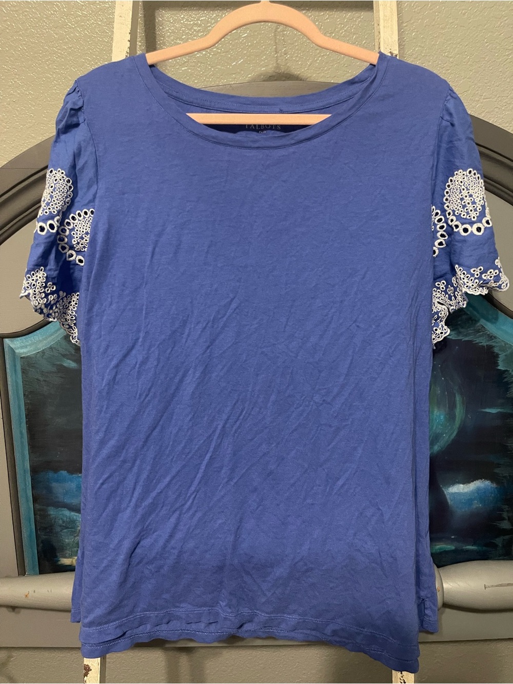 Talbots Royal Blue Cotton Tee with White Eyelet Sleeves